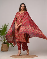Plus Size Maroon Cotton Printed Kurta Pant Set with Dupatta-200026
